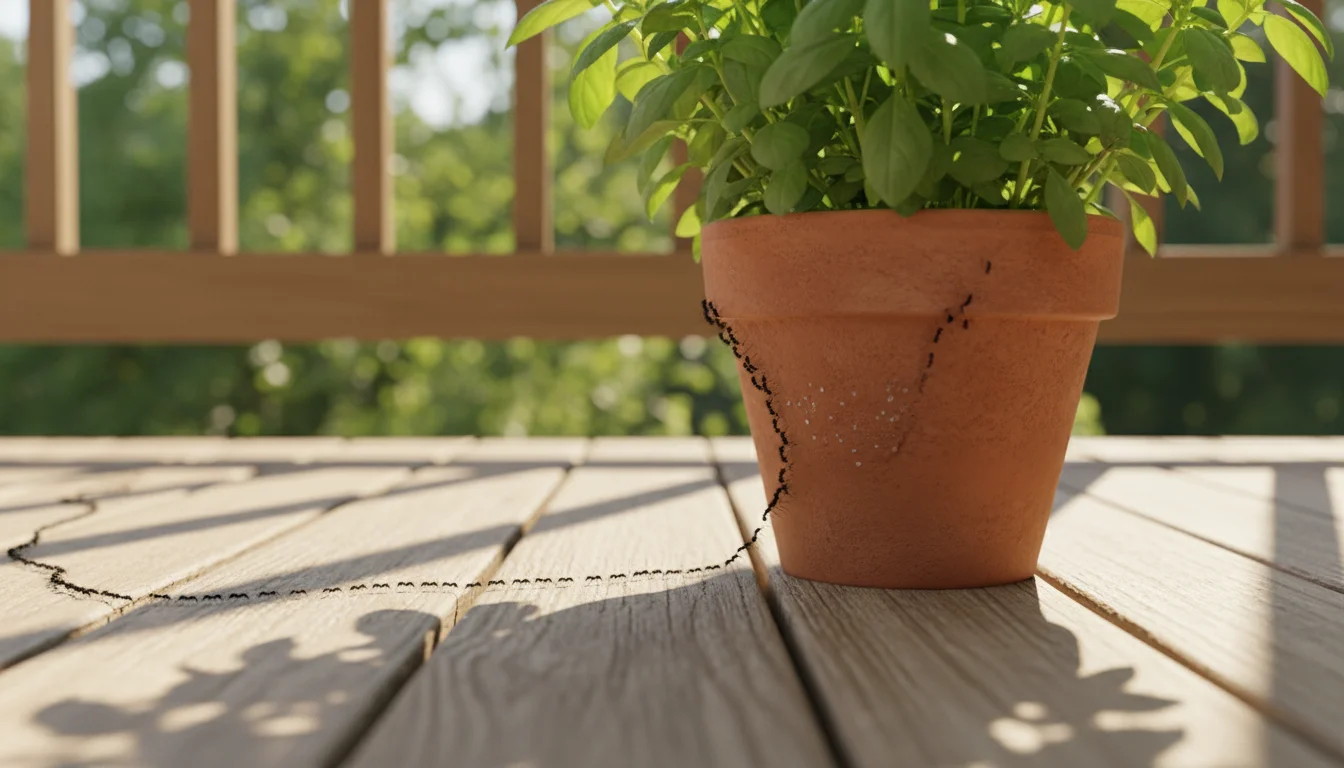 A line of black ants crawls across a weathered wooden balcony floor towards a terracotta pot with a leafy herb. Subtle honeydew glints on a leaf.