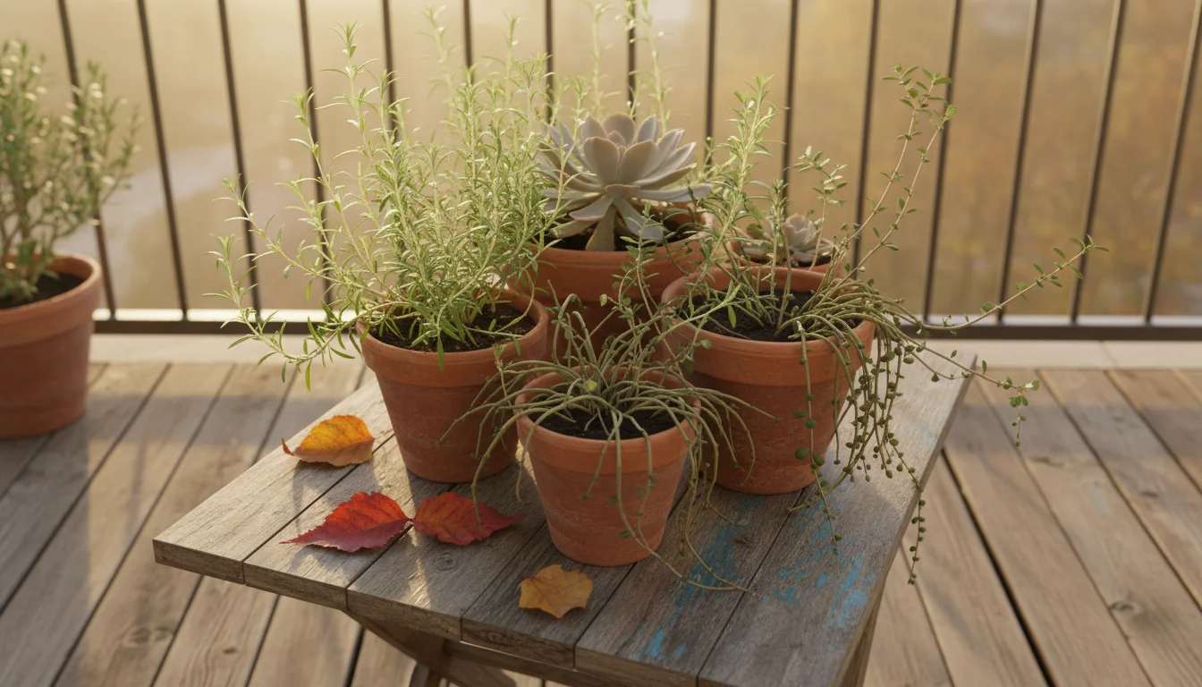 A living fall centerpiece on a balcony table with leggy rosemary and thyme, and stretched succulents.