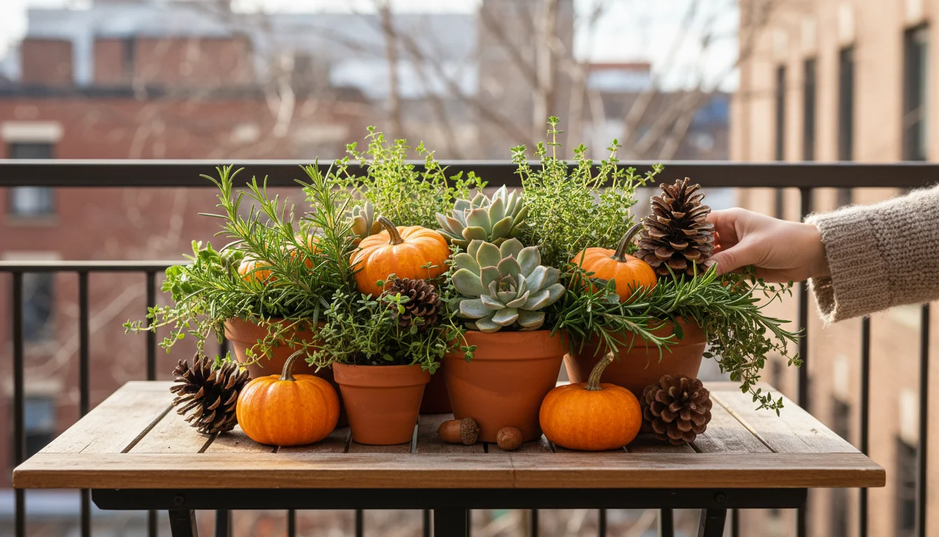 Living fall centerpiece on a wooden table, featuring potted herbs, succulents, mini pumpkins, acorns, and pinecones.