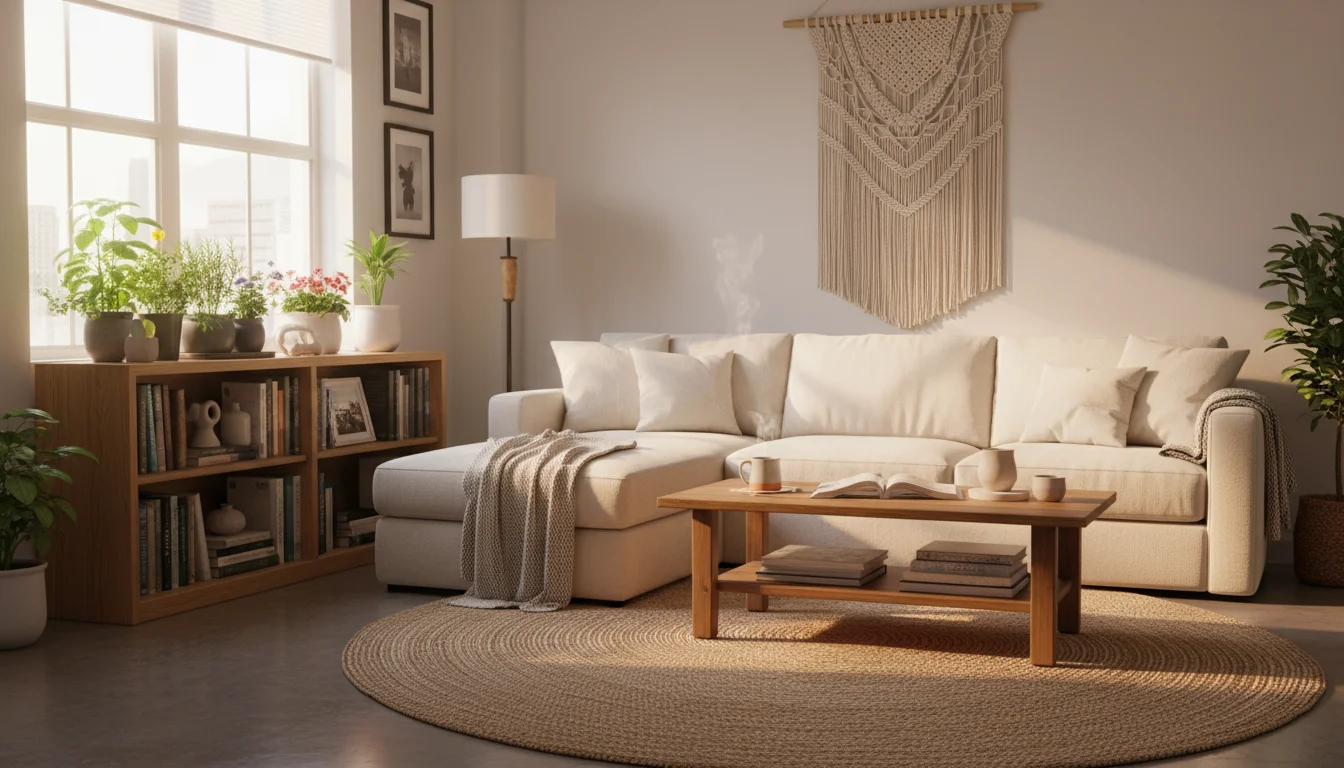 A living room scene showcasing three distinct plant zones: bright light plants by a sunny window, medium light plants deeper in the room, and low ligh