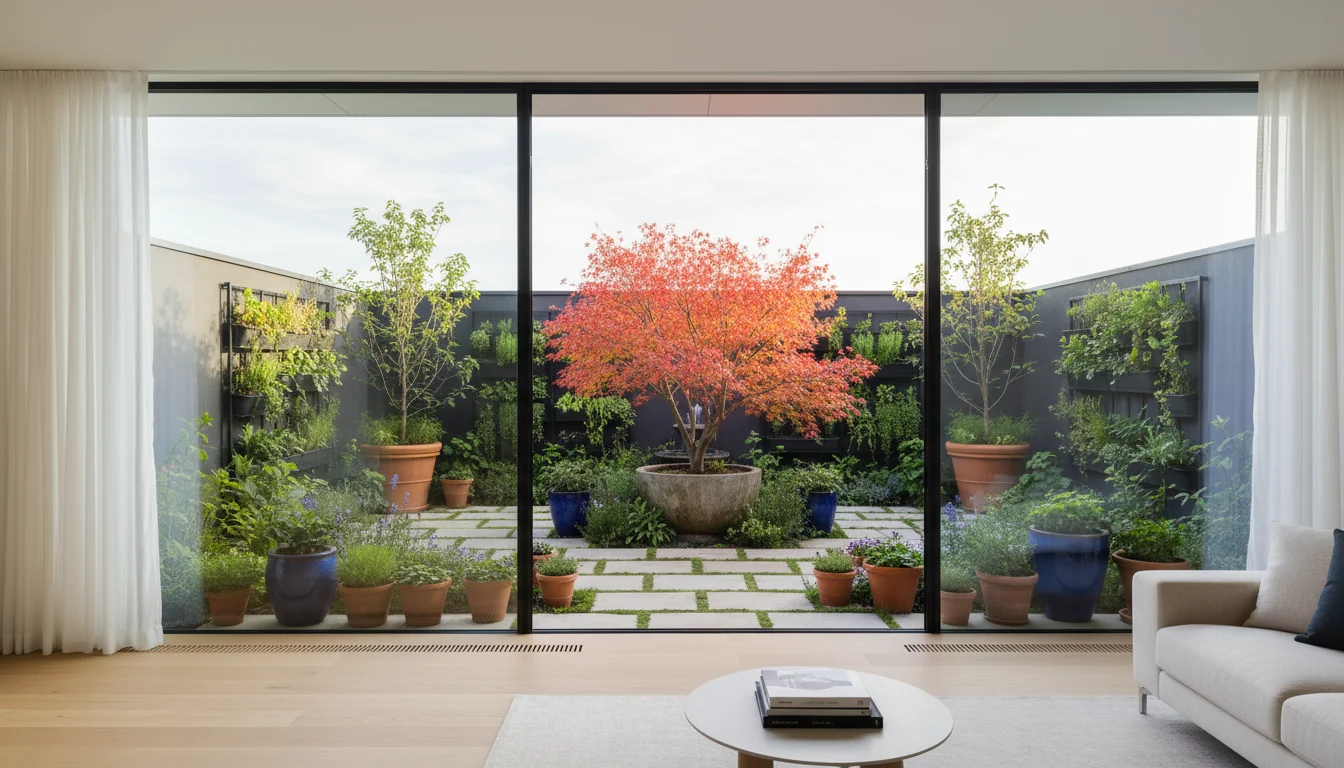 View from a living room window onto a small, tidy container patio garden. Arranged pots create a visual path to a dwarf Japanese maple.