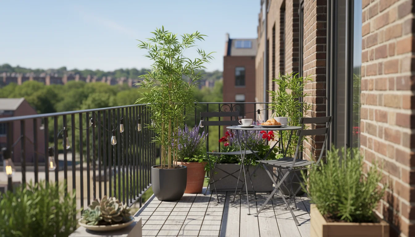 Long, narrow urban balcony showing defined zones. A cozy dining nook with bistro table, chairs, and lush container plants at one end, separate from si
