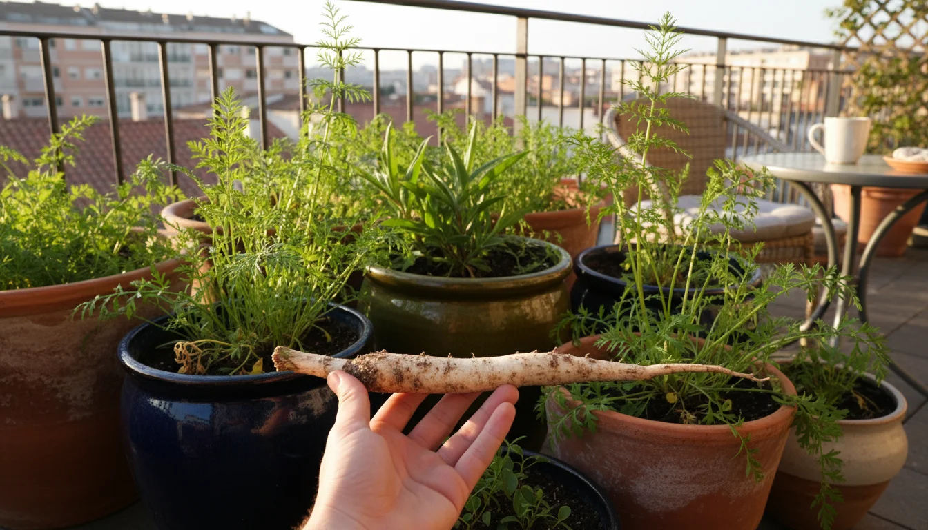 A long, pale salsify root held by a hand, just harvested from a deep pot on a small, urban balcony patio with other container plants.