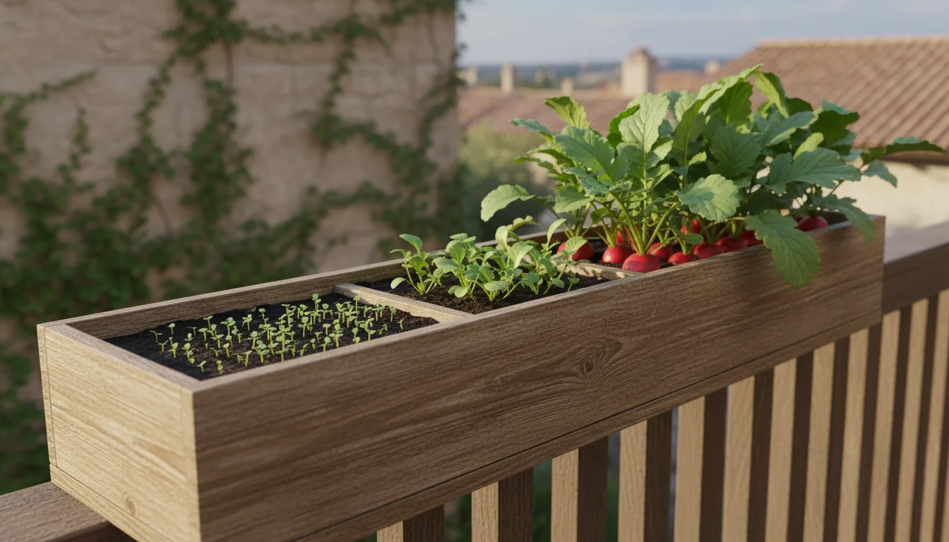 A long wooden window box displaying radish plants at three distinct stages: tiny sprouts, young plants, and mature plants with visible red radishes.