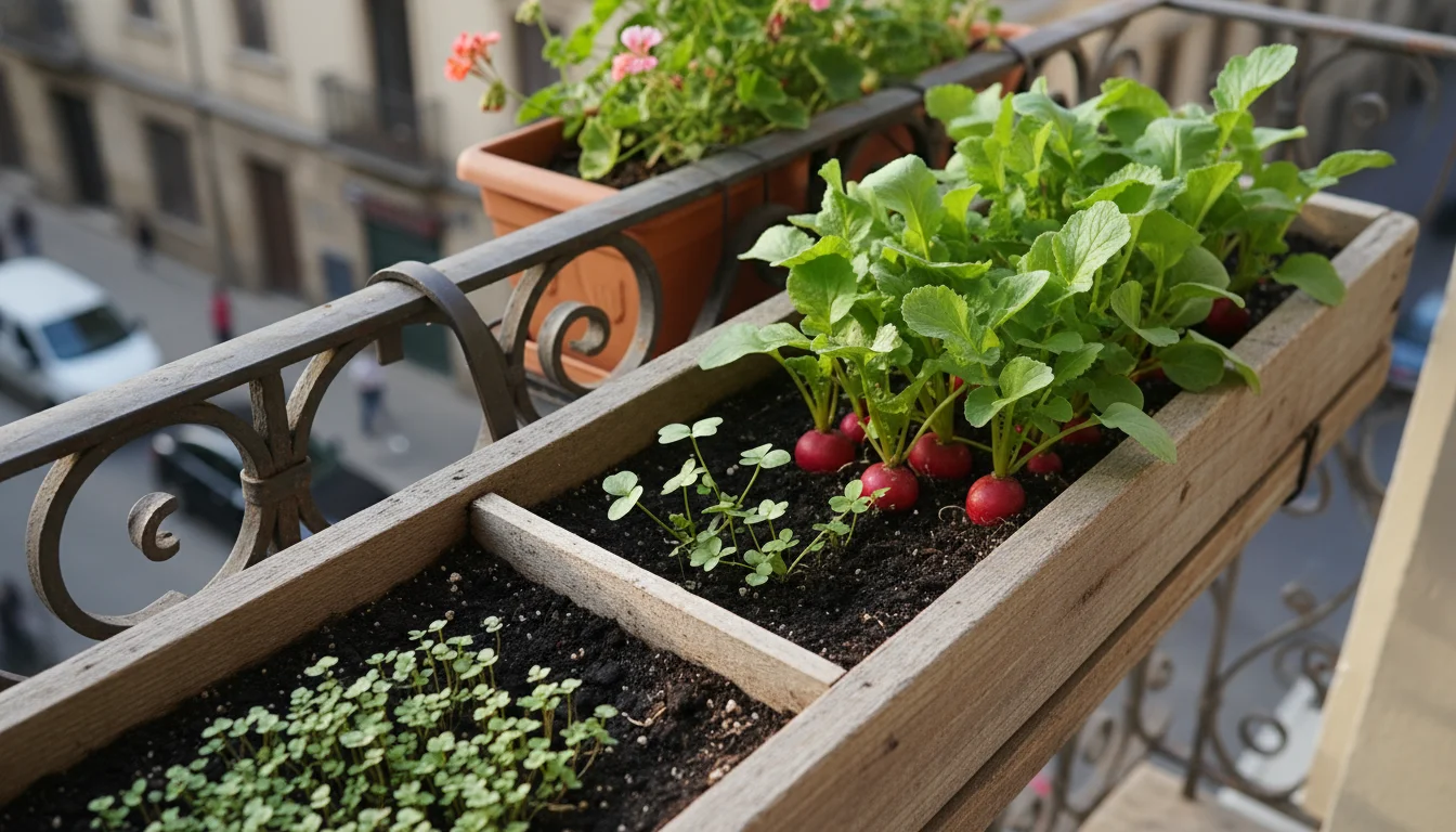 A long wooden window box showcasing three distinct stages of radish growth: newly sprouted, young plants, and mature plants with visible roots.