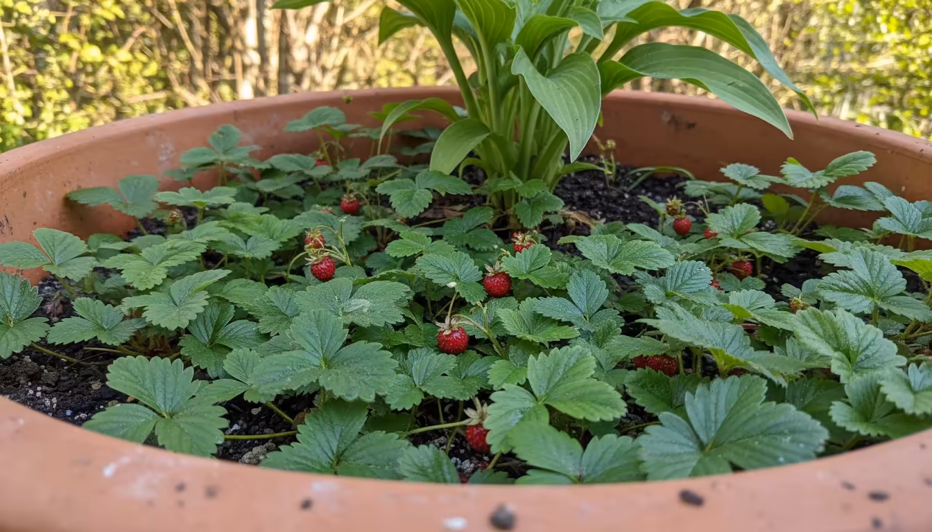 Close-up, slightly low-angle view of alpine strawberry plants with small red berries forming a dense living mulch in a large terracotta pot on a balco