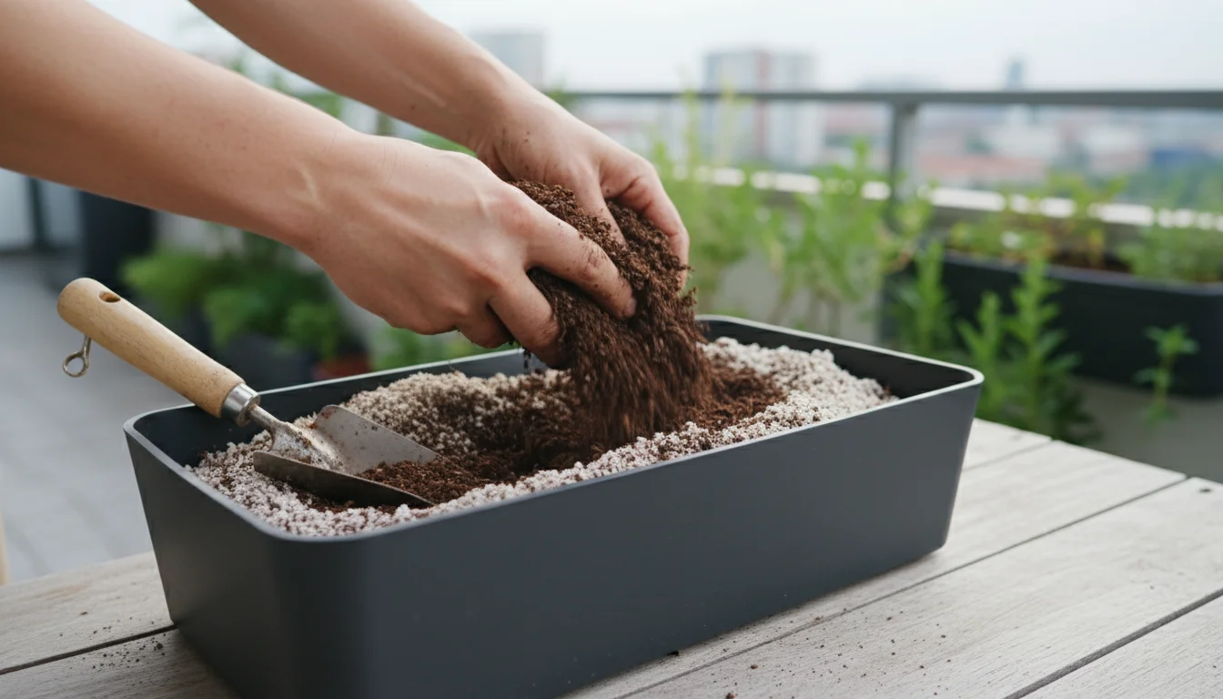 Close-up, low-angle shot of bare hands mixing dark compost into potting mix in a modern grey balcony planter on a weathered patio table.