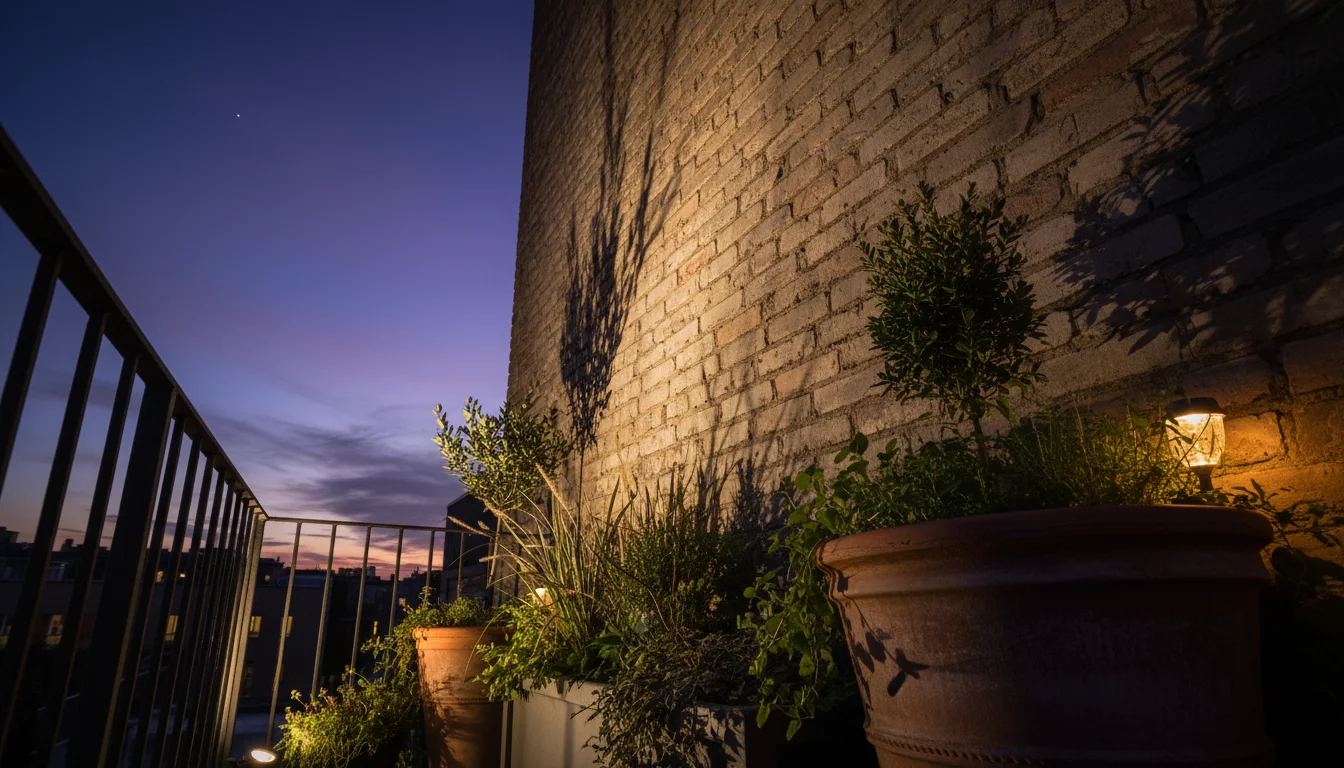 Low-angle shot of a brick wall and container plants on a balcony at twilight, illuminated by hidden spotlights creating long shadows and solar path li