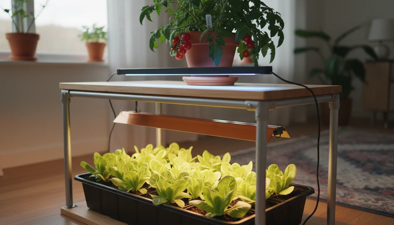 A low-angle view of a compact indoor plant shelf. A T5 fluorescent light brightens young lettuce seedlings on the lower tier, while a sleeker LED bar