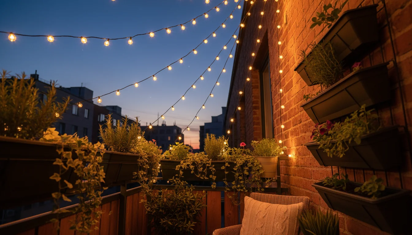 Low-angle view of a cozy urban balcony at dusk, with warm LED bistro string lights forming a canopy above lush container plants.