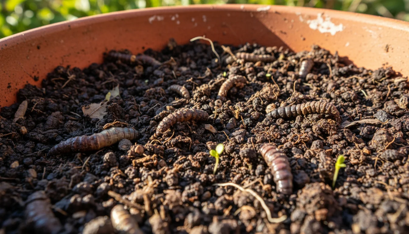 Low-angle macro shot of dark, crumbly soil in a terracotta pot, showing integrated worm castings and subtle feeder roots.