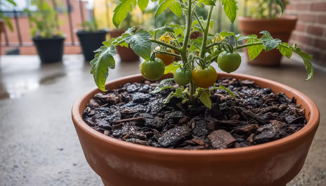 Close-up, low-angle shot of dark shredded bark mulch covering soil around a vibrant green plant in a terracotta pot on an urban patio. Water droplets