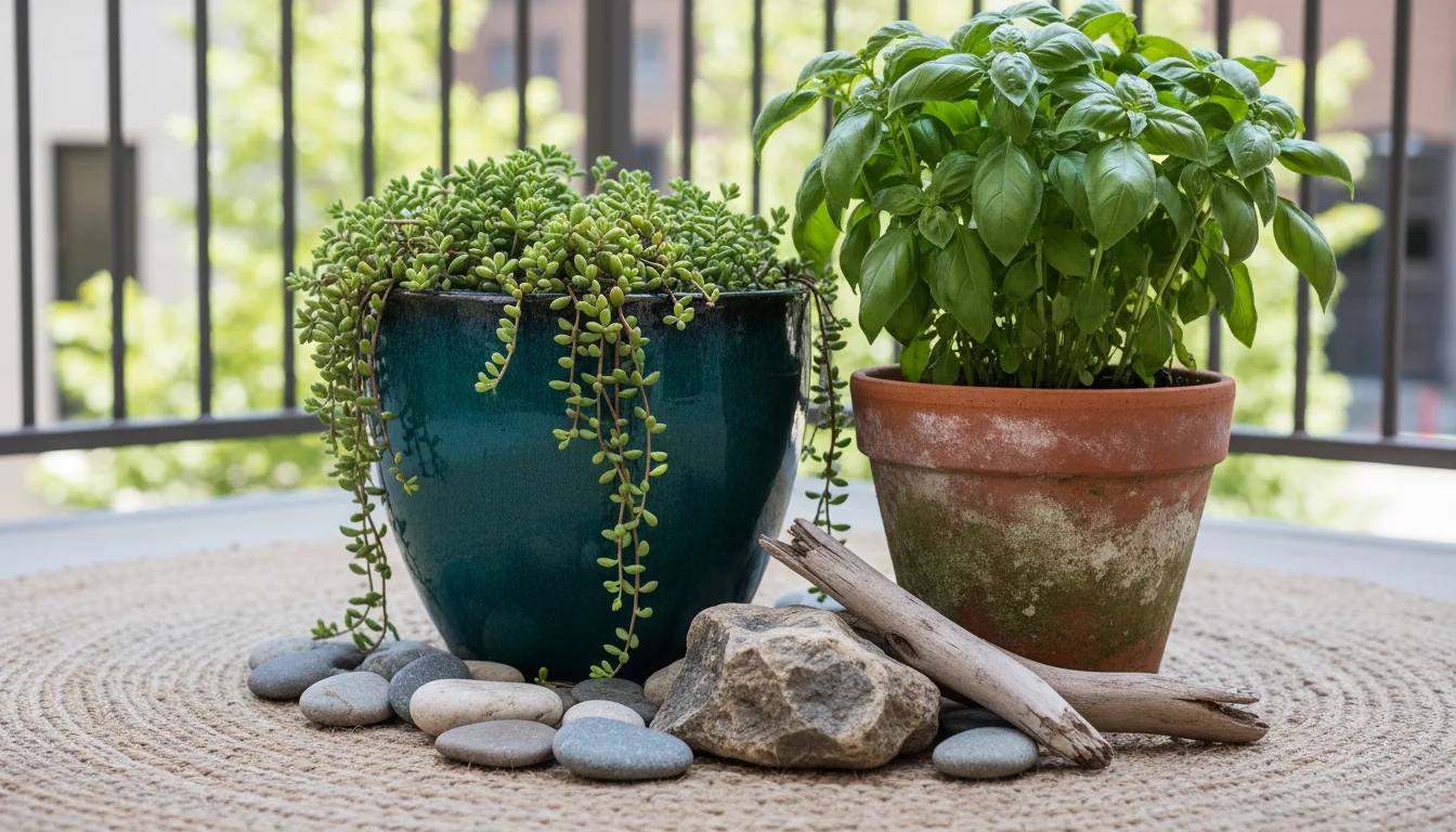 Low-angle shot of a deep teal glazed pot and terracotta pot on a jute rug, surrounded by pebbles, stone, and driftwood on a patio.