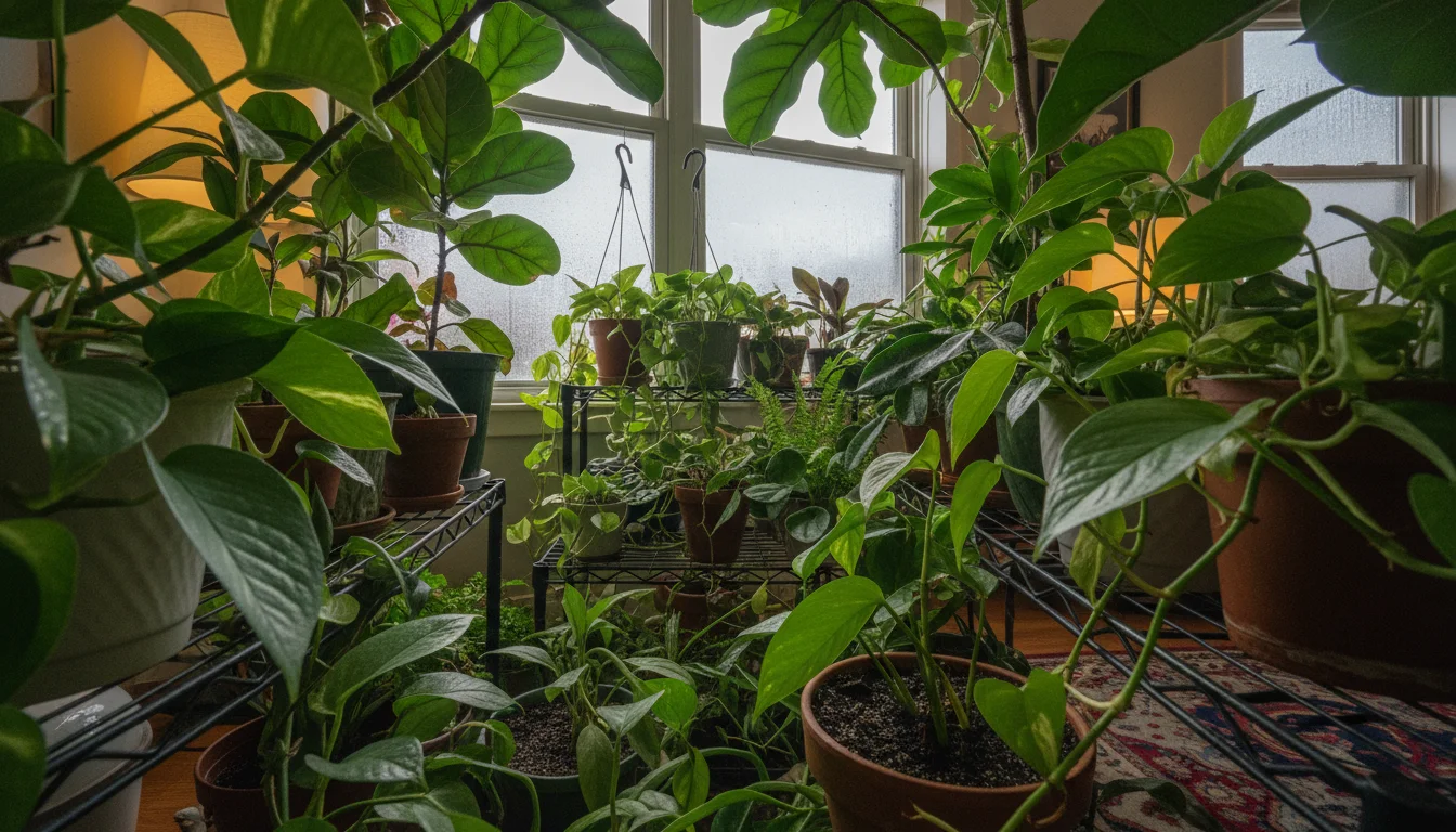 Low-angle shot through densely packed potted plants on a tiered stand in an indoor corner. Damp soil, overlapping leaves, and visible moisture suggest