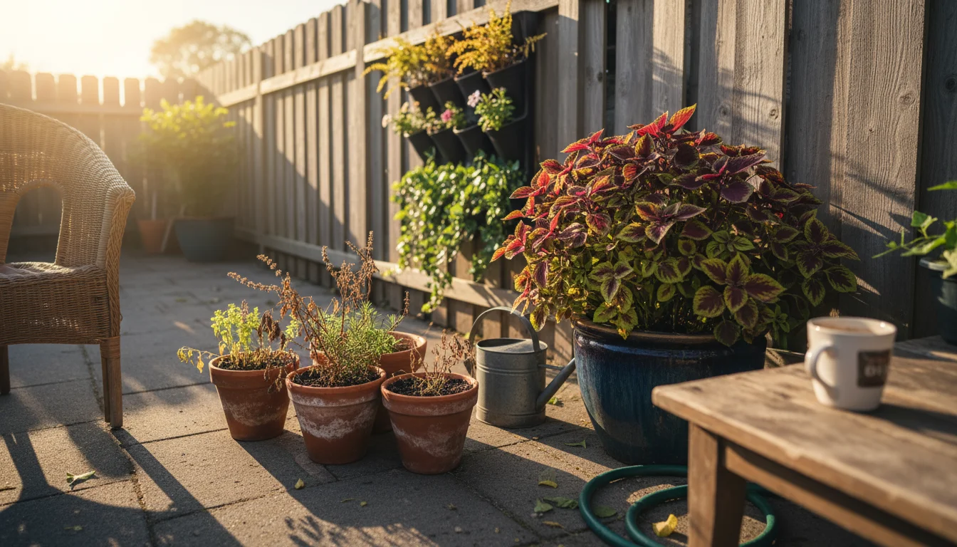 Low-angle shot of a diverse container garden on a patio, showing sun-drenched, dry herbs in terracotta pots contrasting with lush plants in shaded, la