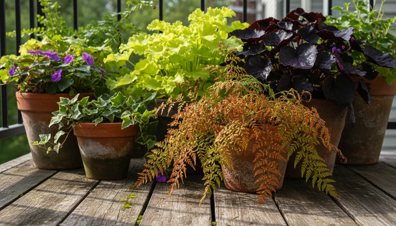 Low-angle view of diverse foliage plants on a balcony: Autumn Fern, lime-green and purple Heucheras, and violet Violas.