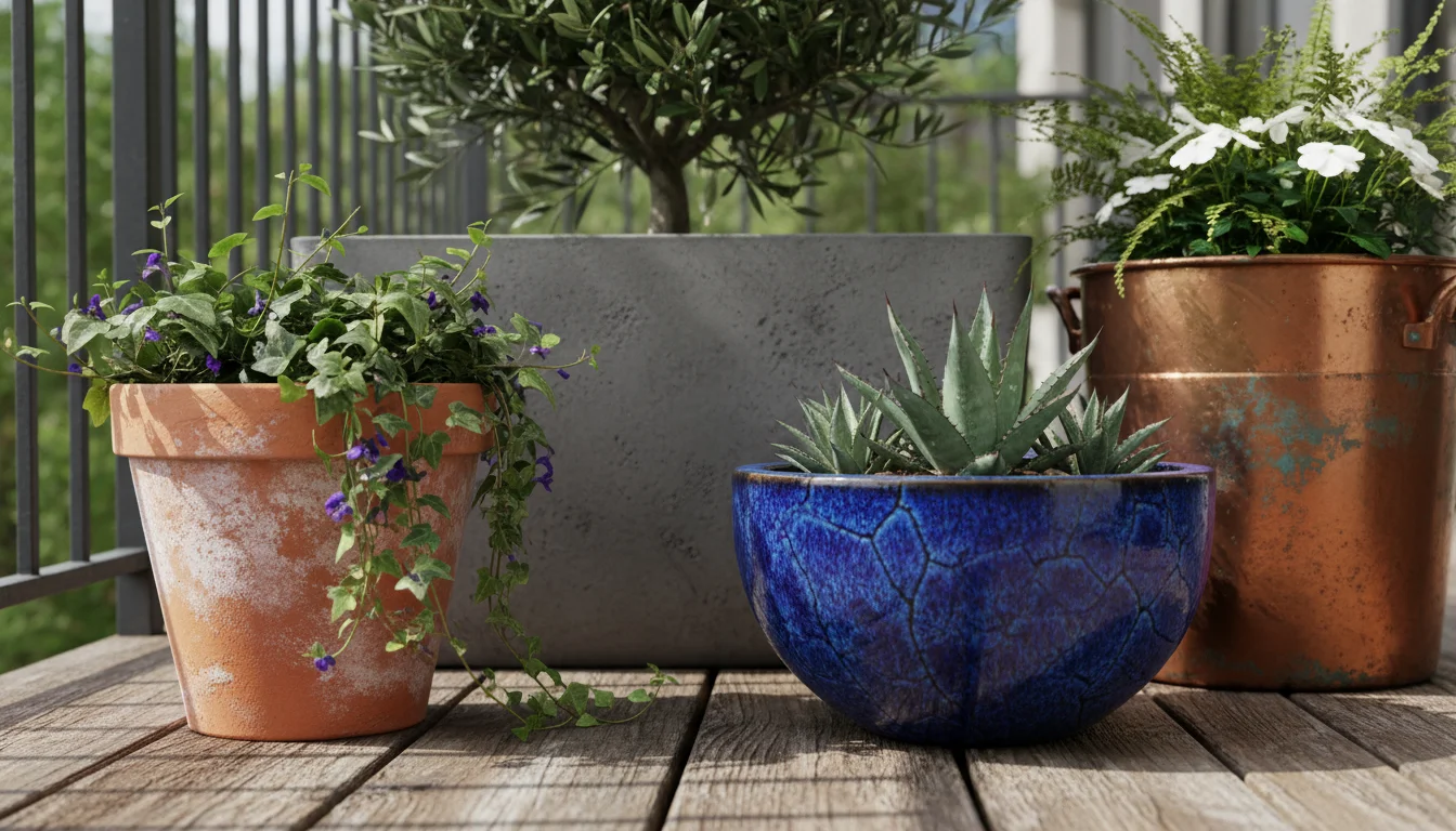 Low-angle close-up of diverse garden containers: classic terracotta, vibrant indigo glazed ceramic, modern gray resin, and galvanized steel trough on