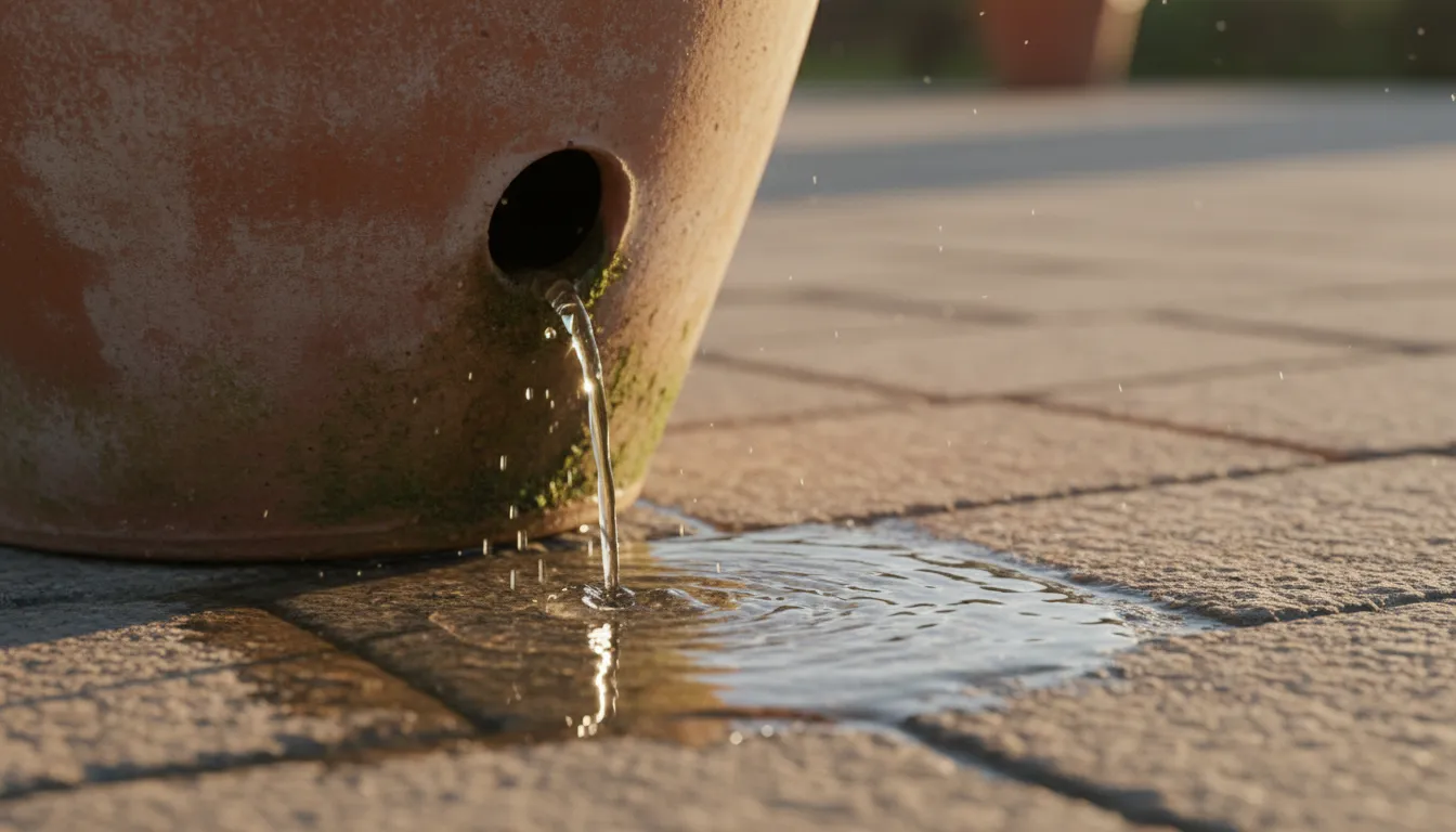A close up, low angle view of water draining from the bottom of a terracotta pot onto a patio during golden hour.