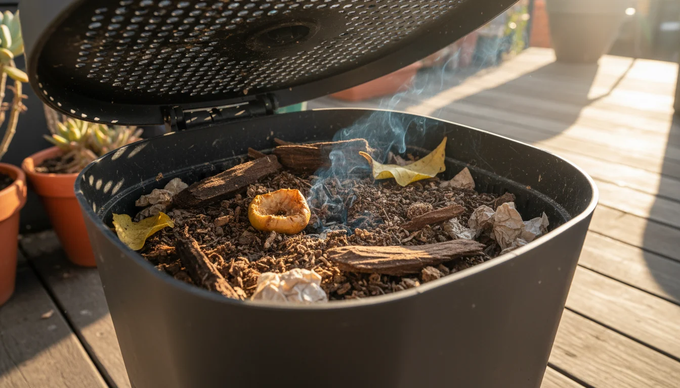 Low-angle close-up of dry, chunky compost in a dark grey bin on a patio, with water being added from a small copper watering can, surrounded by blurre
