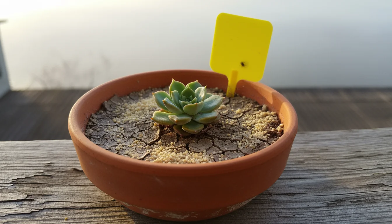 Low-angle view of dry soil in a terracotta pot with a succulent. A yellow sticky trap shows a tiny fungus gnat, with sand on soil.