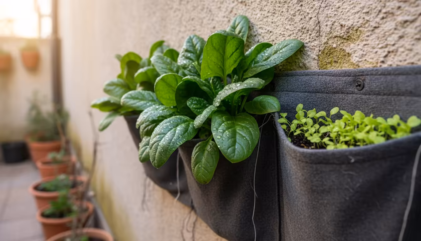 Close-up, low-angle shot of a fabric vertical planter on an urban patio, showing mature spinach, young lettuce, and radish sprouts at various growth s