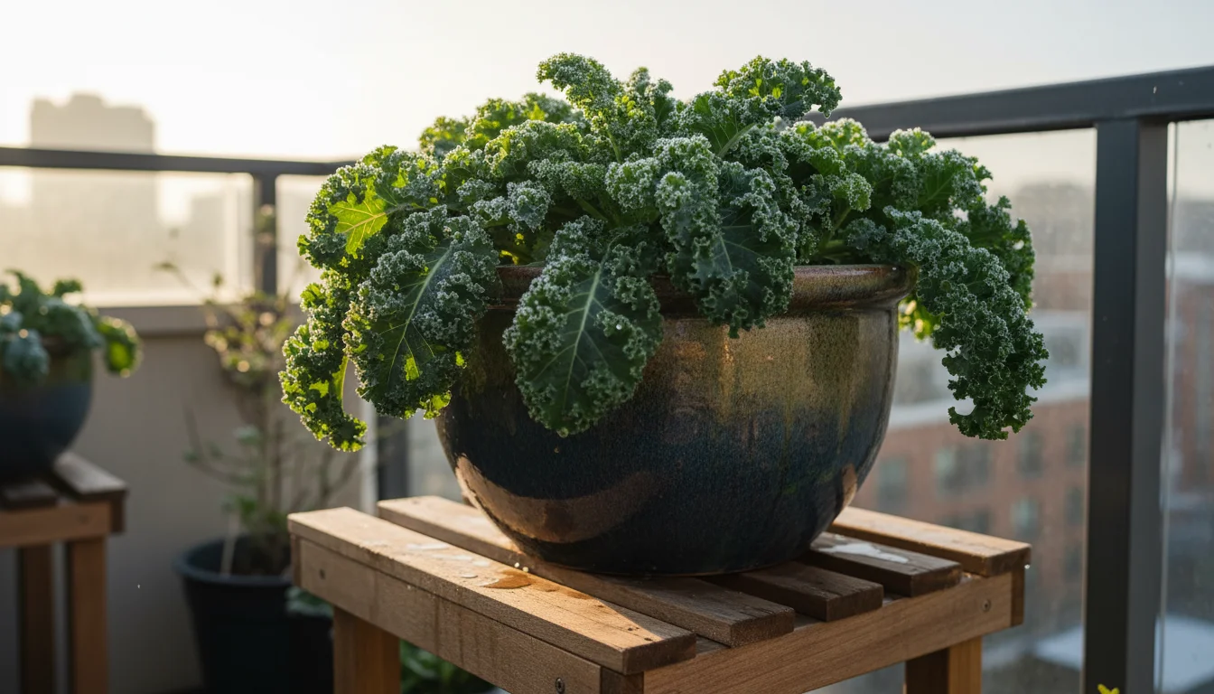 Low-angle close-up of frost-kissed curly kale in a glazed ceramic pot, resting on a wooden stand in a sheltered balcony corner.