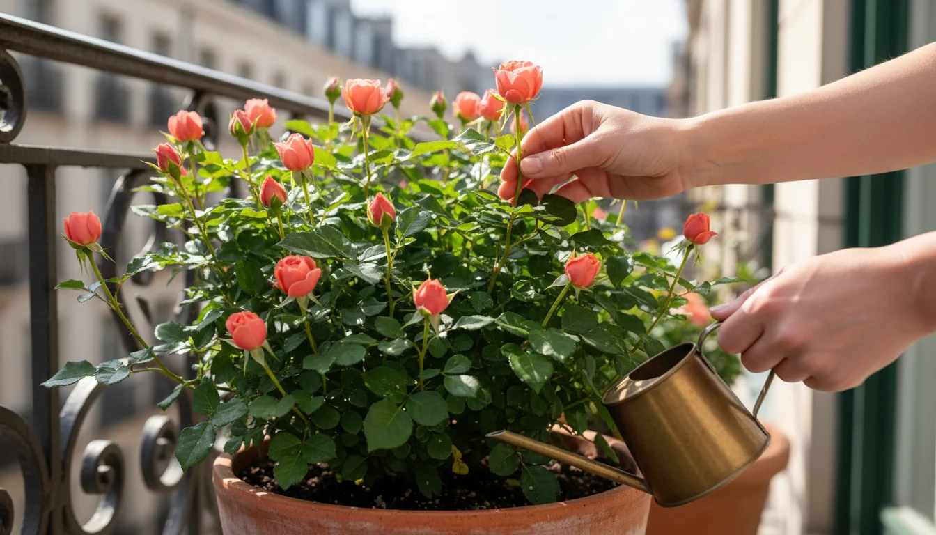 Low-angle shot of a gardener assessing a compact, budding patio rose in a terracotta pot on a sunny urban balcony, holding closed pruners.