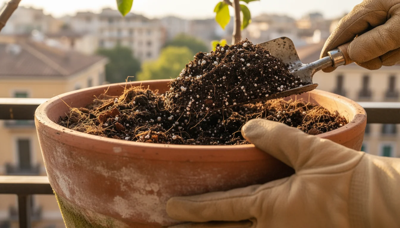 Low-angle shot of gloved hands scooping rich, aerated potting mix with visible perlite and coco coir into a terracotta pot on a sunny balcony.