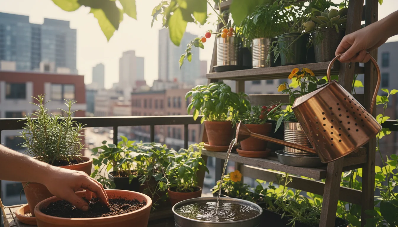 Low-angle shot of a hand checking soil in a terracotta pot on a vibrant urban balcony garden, with water draining into a saucer.