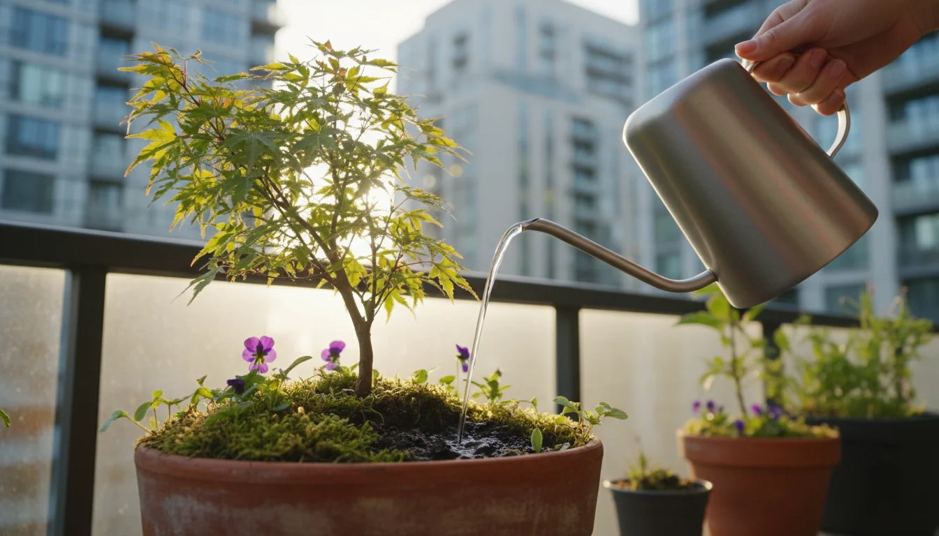 Close-up, low-angle shot of a hand precisely watering a thriving plant in a terracotta pot on an urban balcony.
