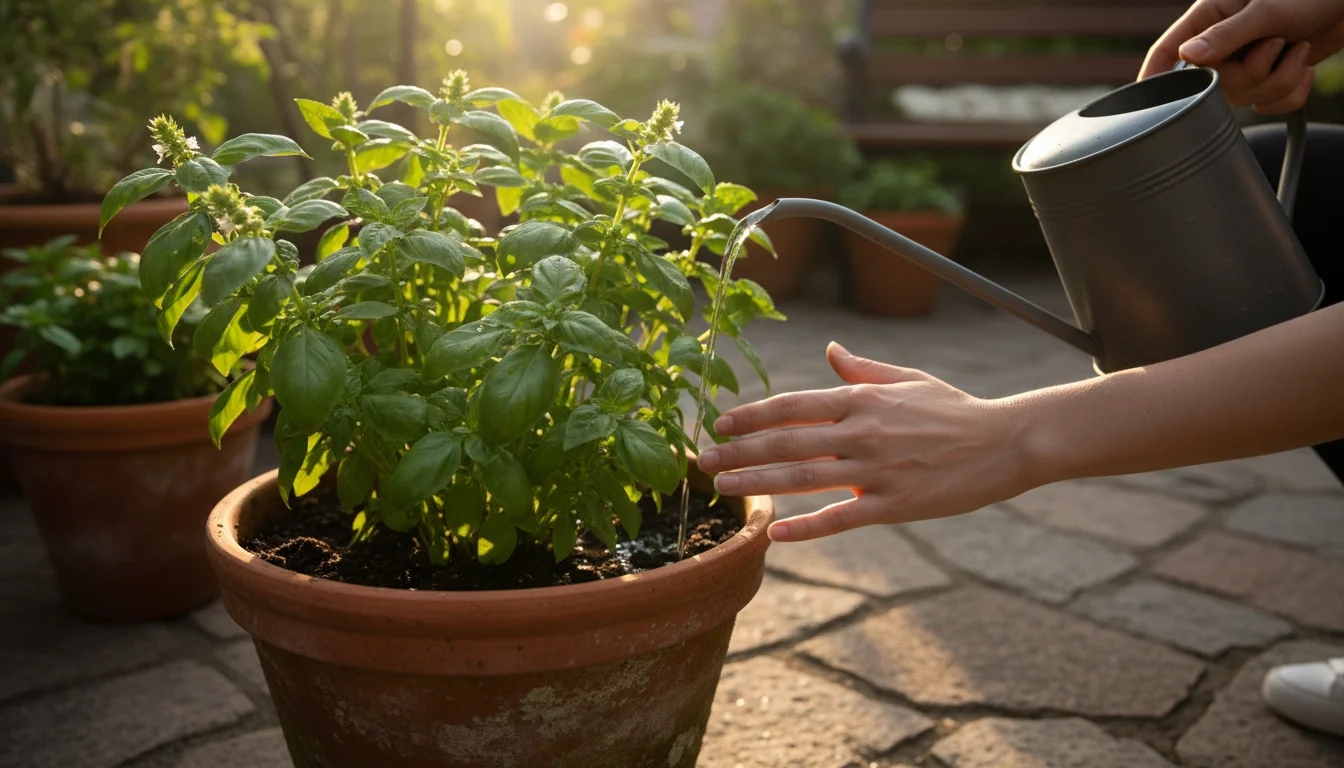 Close-up, low-angle shot of hands gently hand-watering a potted basil plant on a sunny patio, fingertips touching its leaves.