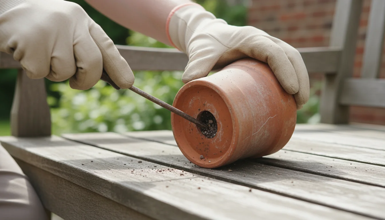 Close-up, slightly low-angle shot of hands inspecting a terracotta pot with a crack, using a stick to clear a drainage hole. Blurred pots on a wooden