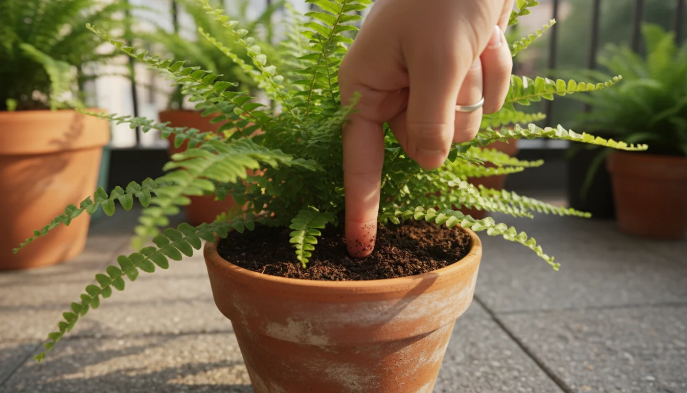 Close-up, low-angle of an index finger inserted two inches deep into the soil of a Boston fern in a terracotta pot on a balcony.
