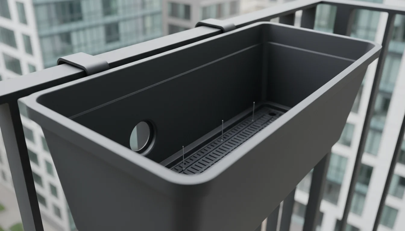 Low-angle view inside an empty, dark grey self-watering window box on a balcony, showing drainage and an internal water reservoir.
