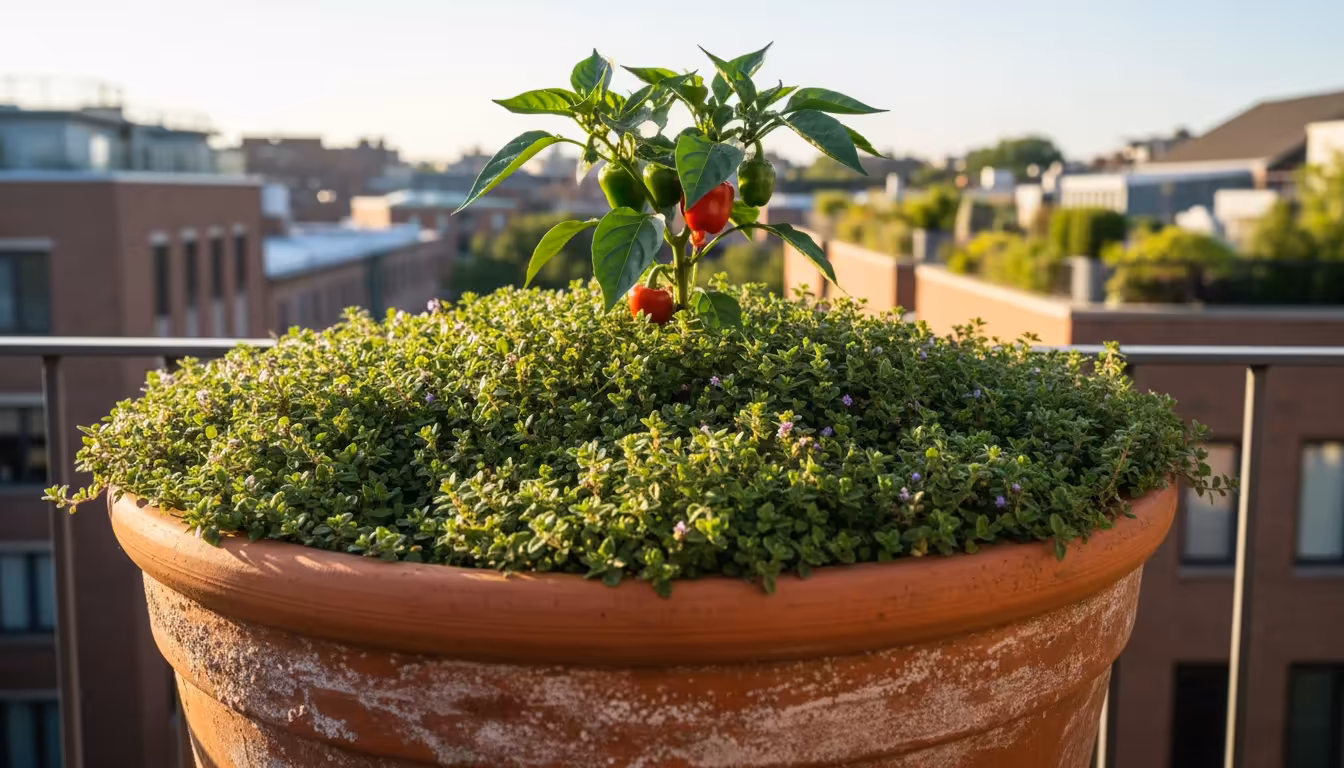 Low-angle shot of a large terracotta pot with dense edible groundcover around a healthy pepper plant, showing no weeds.