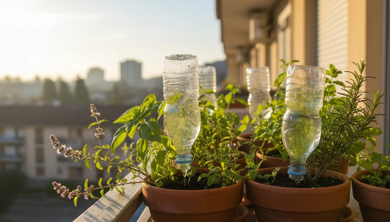 Low-angle view of lush balcony herb garden with DIY slow-drip irrigation using repurposed plastic bottles.