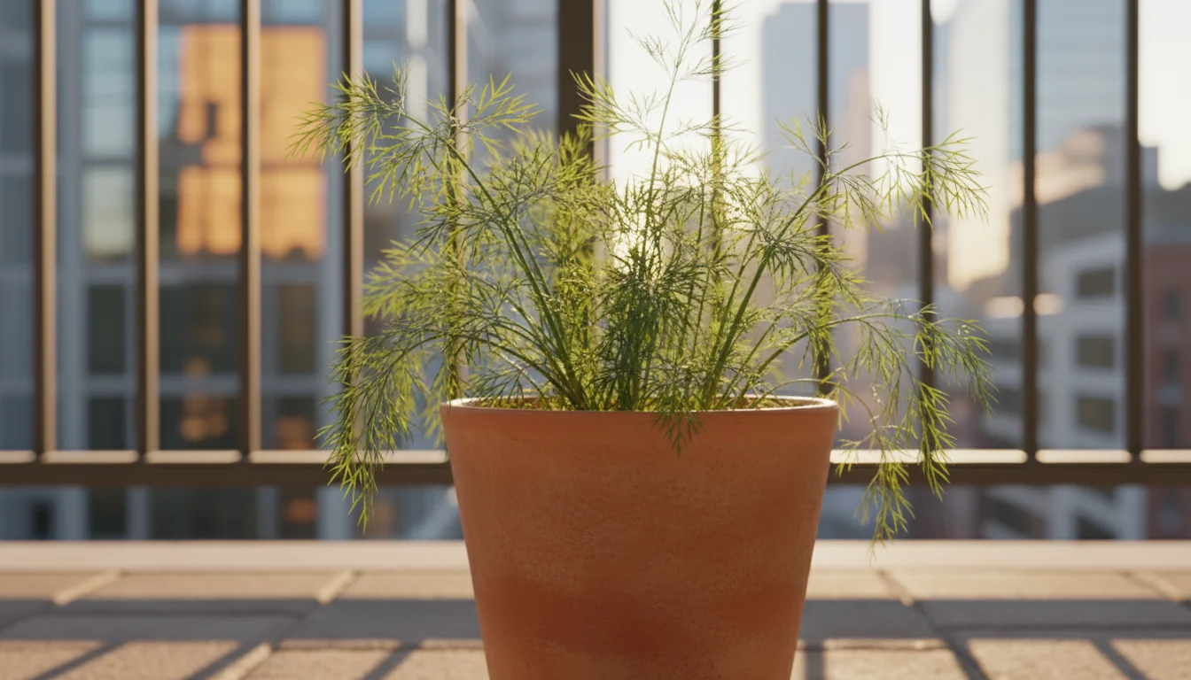 A low-angle shot of a lush, feathery dill plant in a tall terracotta pot on a sunny balcony, backlit by golden hour light.