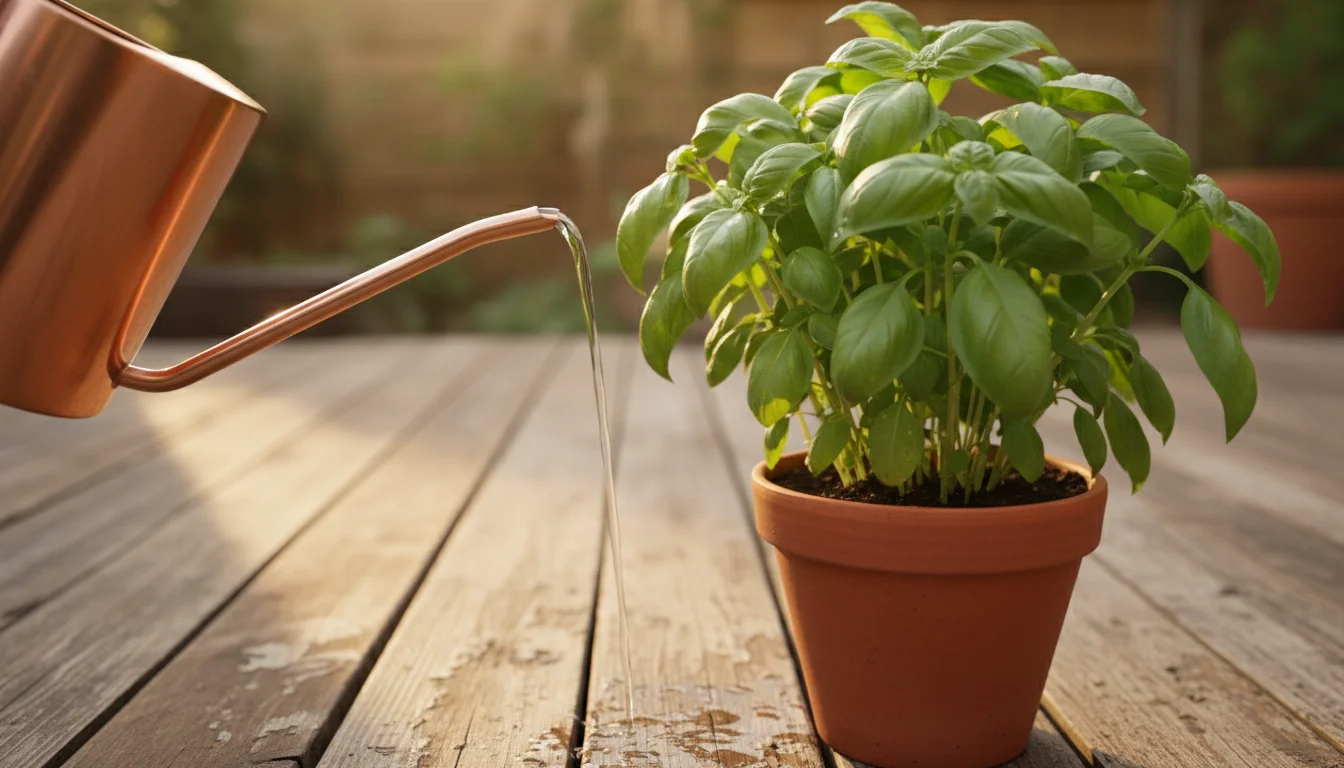 Close-up, low-angle shot of a lush herb in a terracotta pot. Water saturates the soil, and a single drop emerges from the bottom drainage hole.