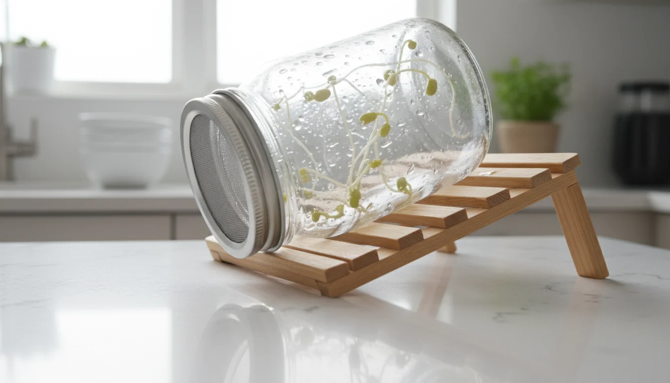 Low-angle view of a clear mason jar inverted at a steep angle in a simple draining rack, with water actively dripping from its mesh lid. Sprouts are v