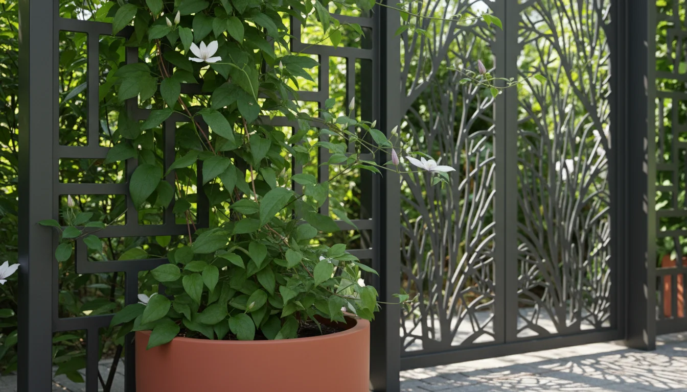 Low-angle view of a modern metal lattice panel with climbing clematis from a terracotta planter, layered with a laser-cut screen on an urban balcony.