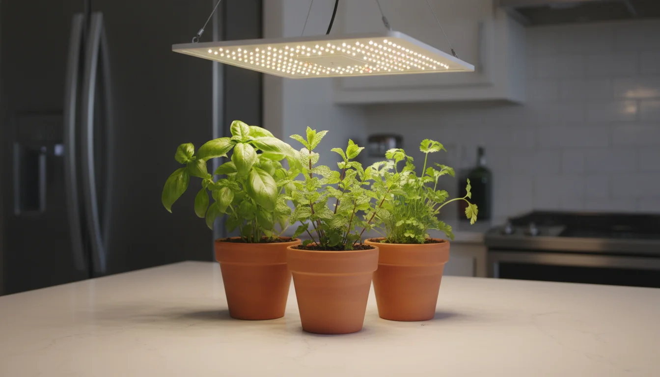 Low-angle view of a modern, sleek LED grow light illuminating vibrant green herbs in terracotta pots on a kitchen counter.