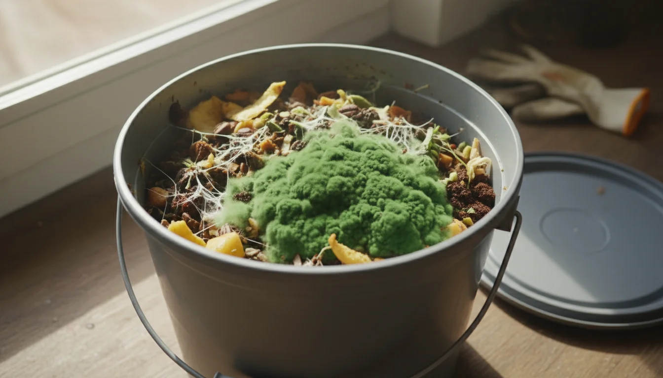 Close-up, slightly low-angle view showing a prominent fuzzy green mold patch on food scraps inside an open Bokashi composting bucket.