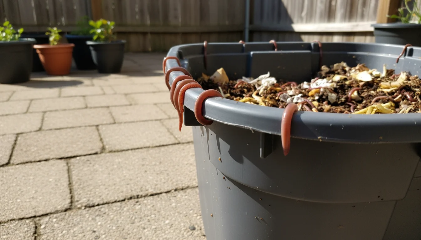 Close-up, low-angle shot of red wiggler worms attempting to crawl from a small compost bin on a patio, with a hand gently sifting bedding.