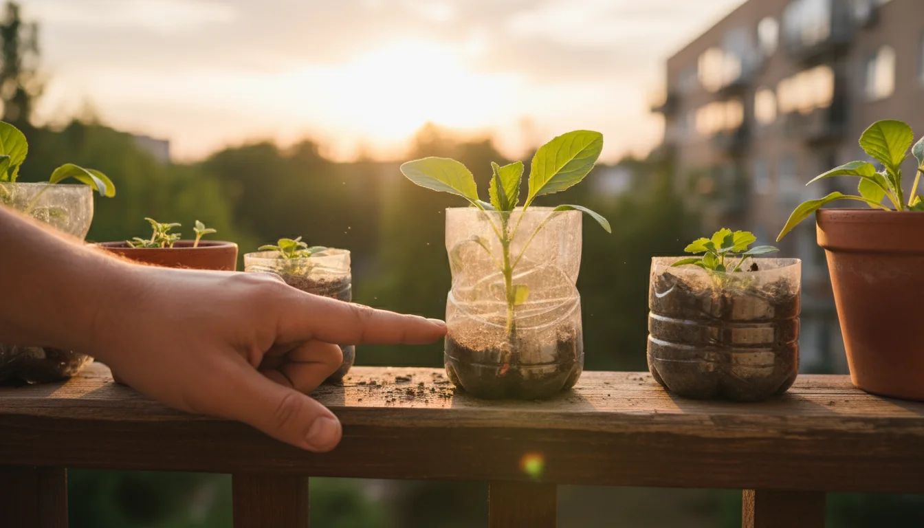 Low-angle shot of robust seedlings in recycled containers on an urban balcony railing at sunset, gardener's hand checking a homemade cloche.
