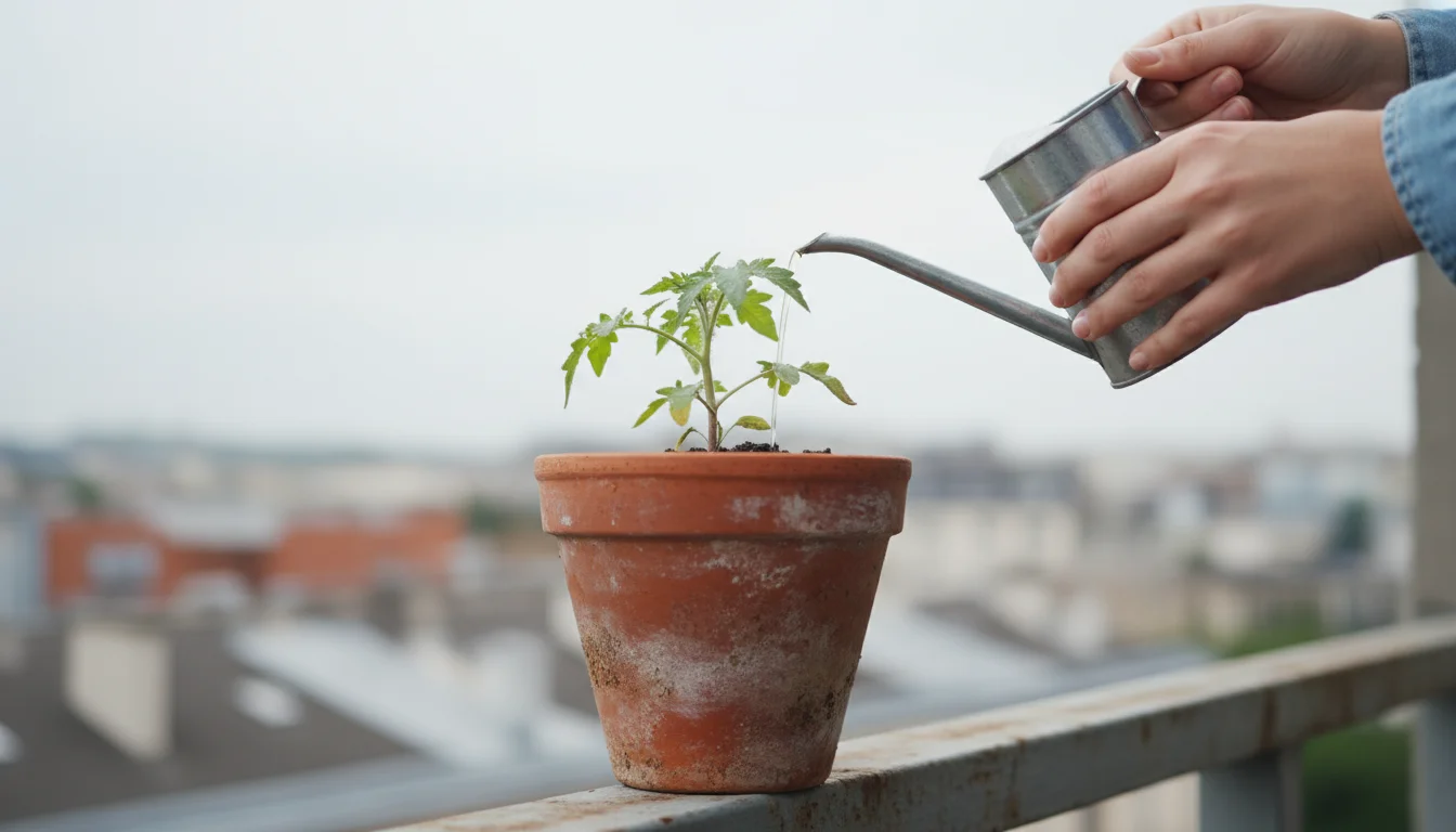 Slightly low-angle close-up of a small tomato seedling in a terracotta pot on a balcony, gently watered with pale, diluted liquid.