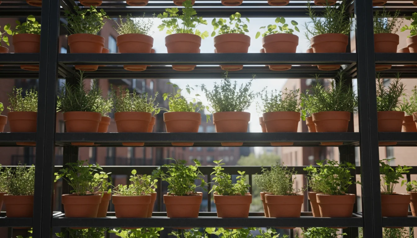 Low-angle view showing perfectly spaced potted herbs and edibles on a balcony plant stand, emphasizing good air circulation.
