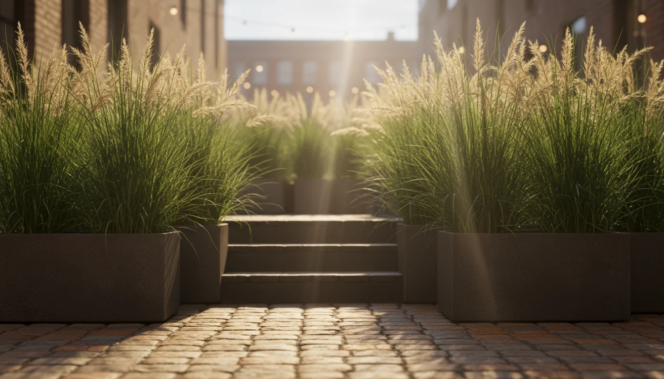 Low-angle view looking up at a staggered arrangement of large fiber-cement planters on an urban patio. Each container holds multiple tall grasses, for
