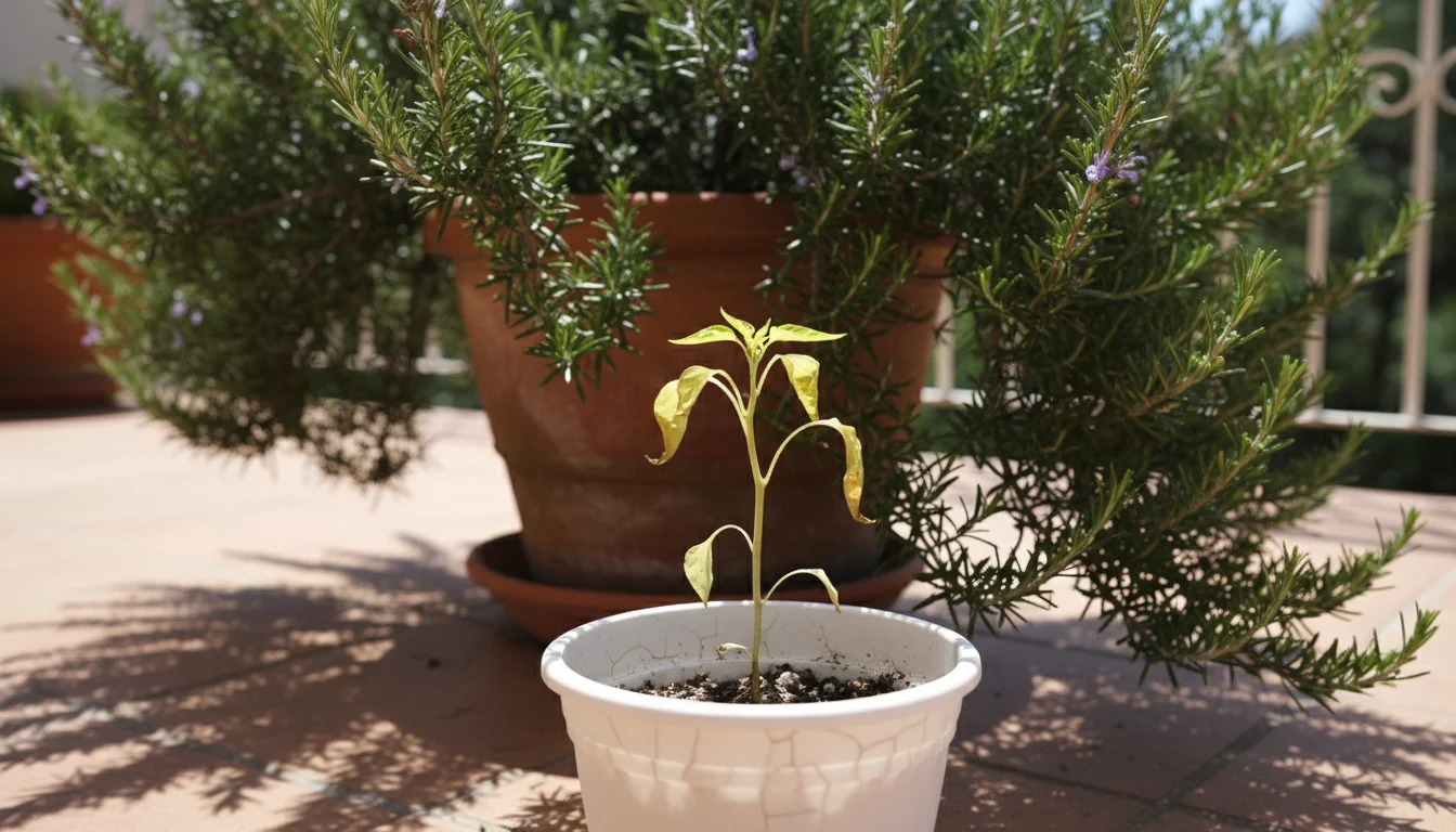 Low-angle close-up of a stunted, pale bell pepper plant in a small, cracked plastic pot, partially in shadow on a patio.