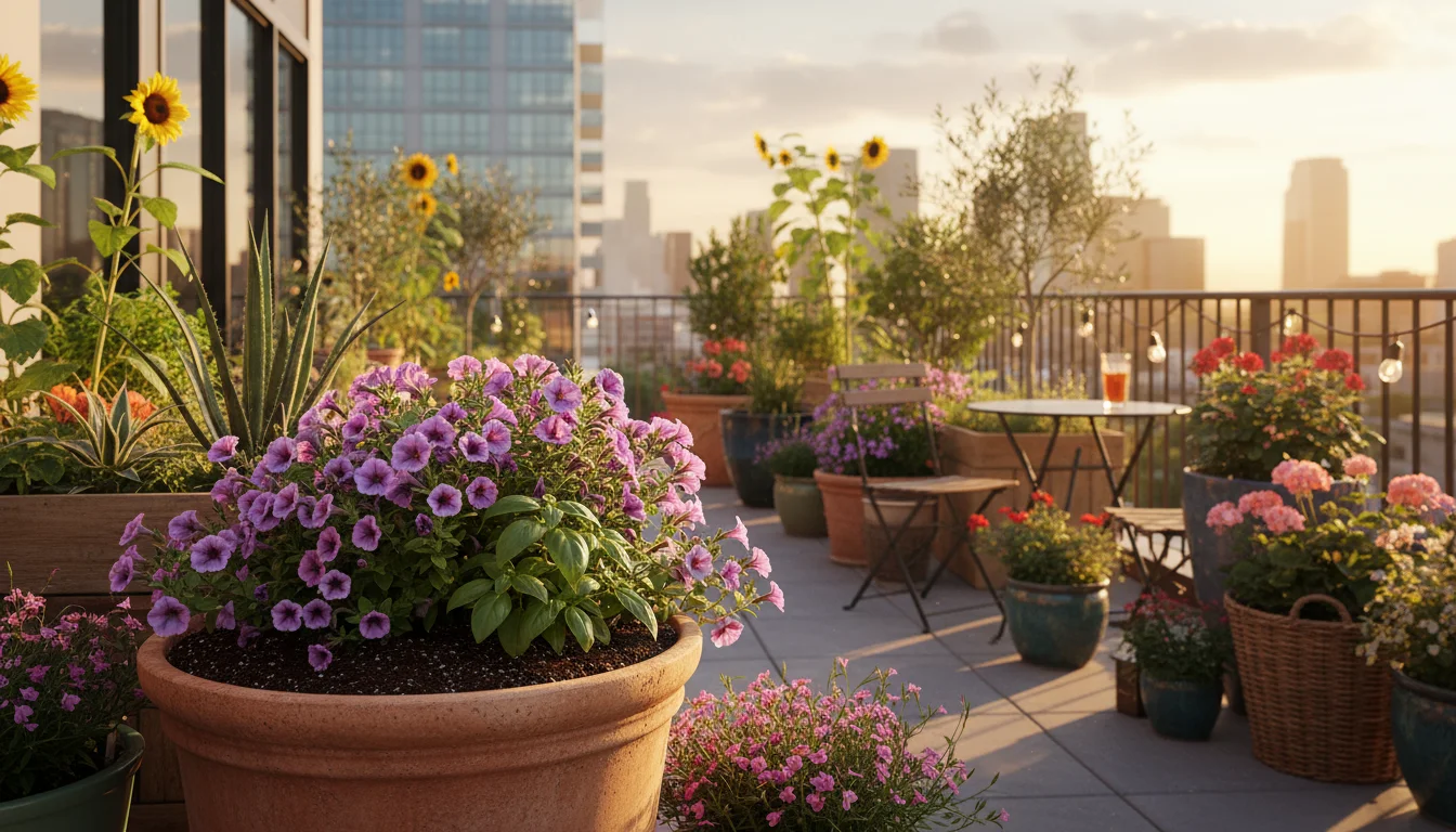 Low-angle, wide view of sun-drenched container plants on a patio, with prominent dark mulch reflecting bright afternoon sun on a terracotta pot.