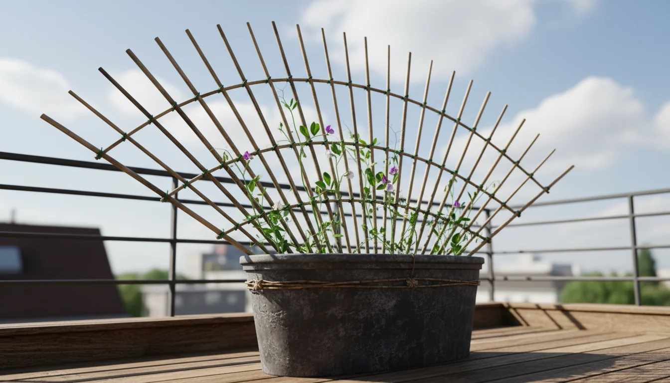Low-angle view of a tall, DIY fan-style bamboo trellis securely anchored in a large pot on a sunny balcony, with young pea plants starting to grow.